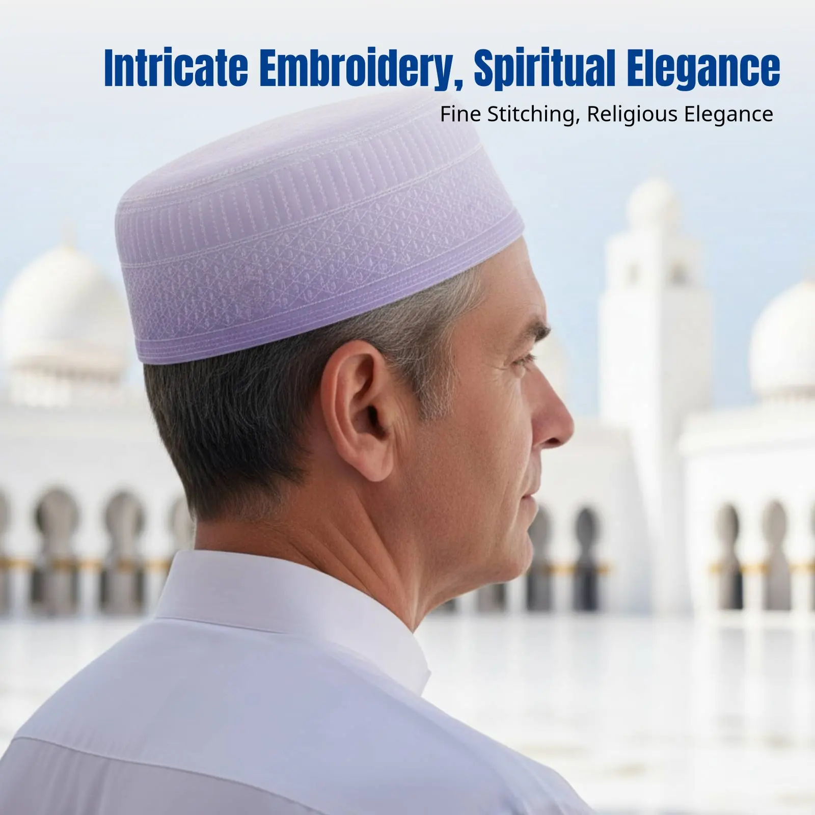 

Embroidered Muslim Prayer Cap for Men, Flat Top, Round Border, Cream, Light Lavender, Middle-aged