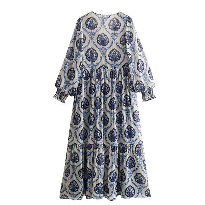 Casual Peacock Pattern Print Long Dress V-Neck Elegant Summer Lady Long Sleeves Vocation A-Line Dresses Beach Holiday Clothing