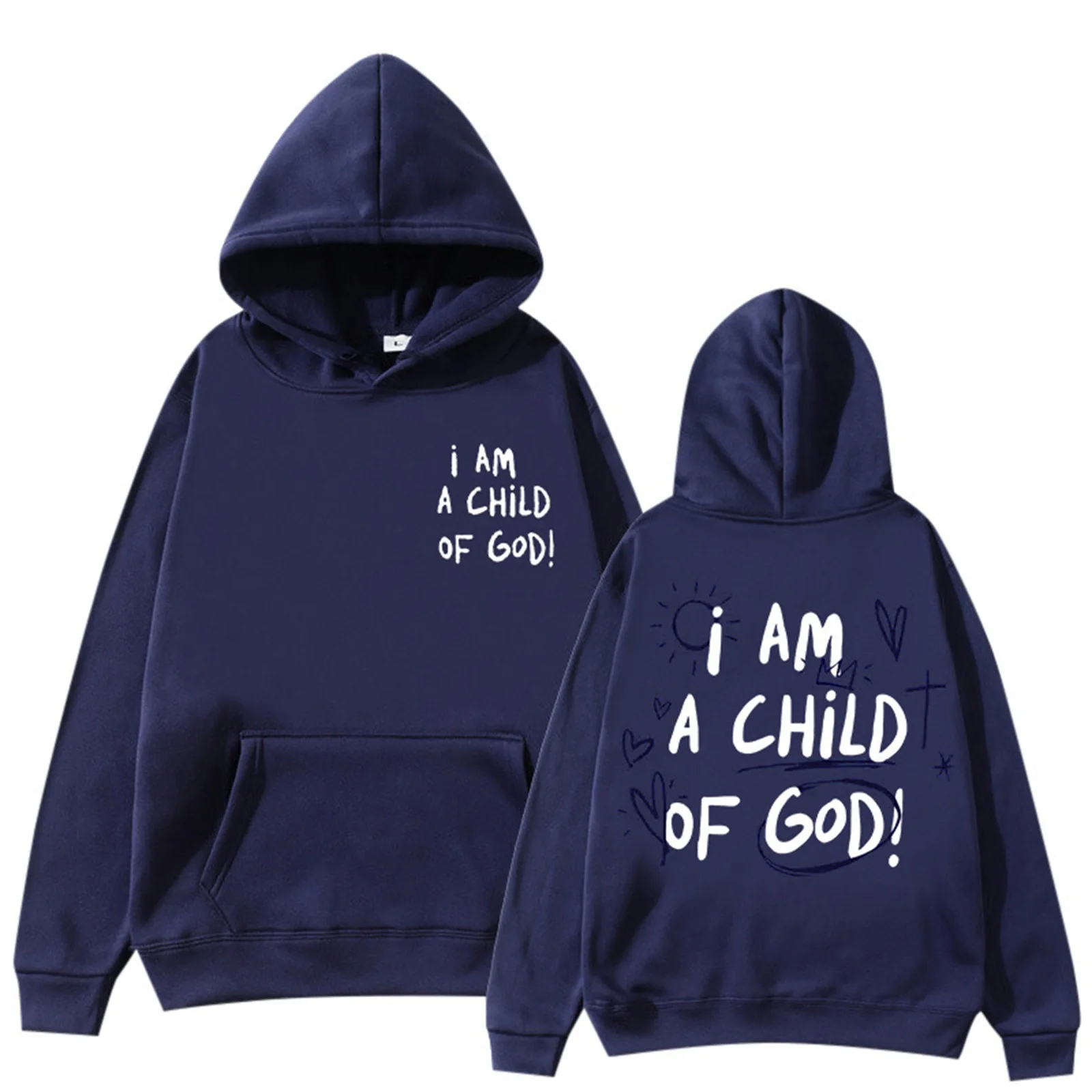 Modna bluza oversize z kapturem dla kobiet i mężczyzn z napisem I AM A CHILD OF GOD i grafiką krzyża i serca, codzienna, miękka, polarowa, wkładana przez głowę, z długim rękawem, luźna.