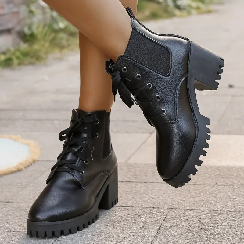 

Женские модные ботинки Короткие ботинки на платформе с острым носком, на грубом каблуке и шнуровке, классическая универсальная нескользящая женская обувь больших размеров