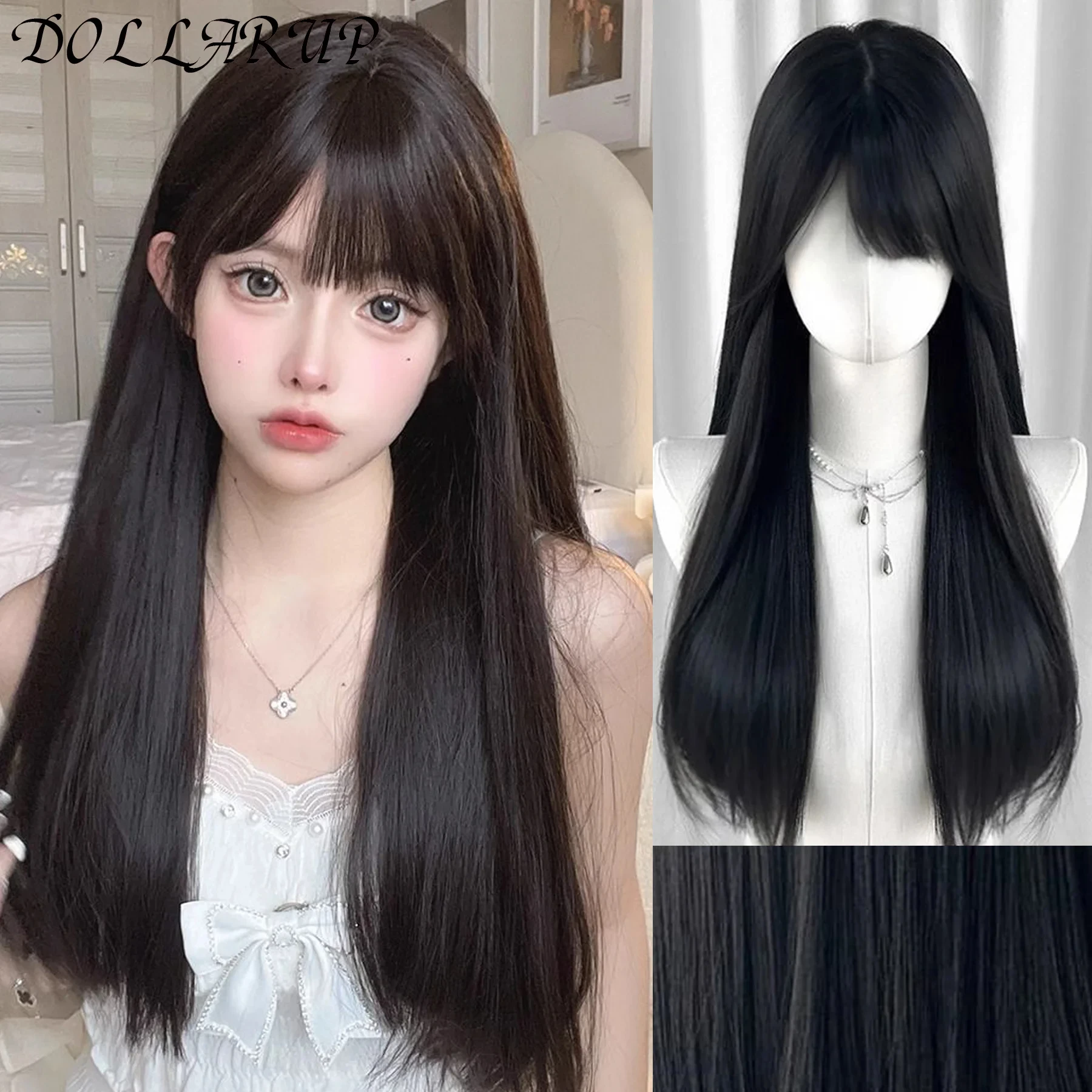 

JKL Длинные шелковистые прямые синтетические парики с челкой, черные парики для косплея, вечерние волосы Лолиты для женщин, натуральный термостойкий парик