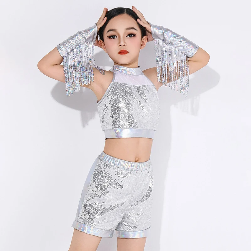 

Children Jazz Dance Costume Sequin Tassel Latin Dance Set Shiny Metallic Crop Tops Cheerleading Stage Performance Outfits