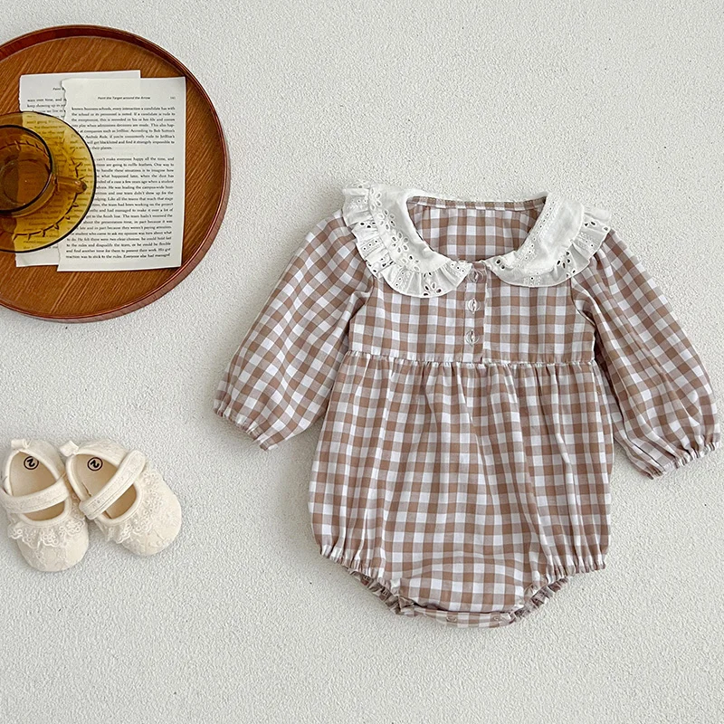 0-2yrs Brown Grid Infant Clothes Fashion Baby Romper Newborn Bodysuit Lace Peter Pan Collar Long Sleeves Infant Girl Jumpsuit