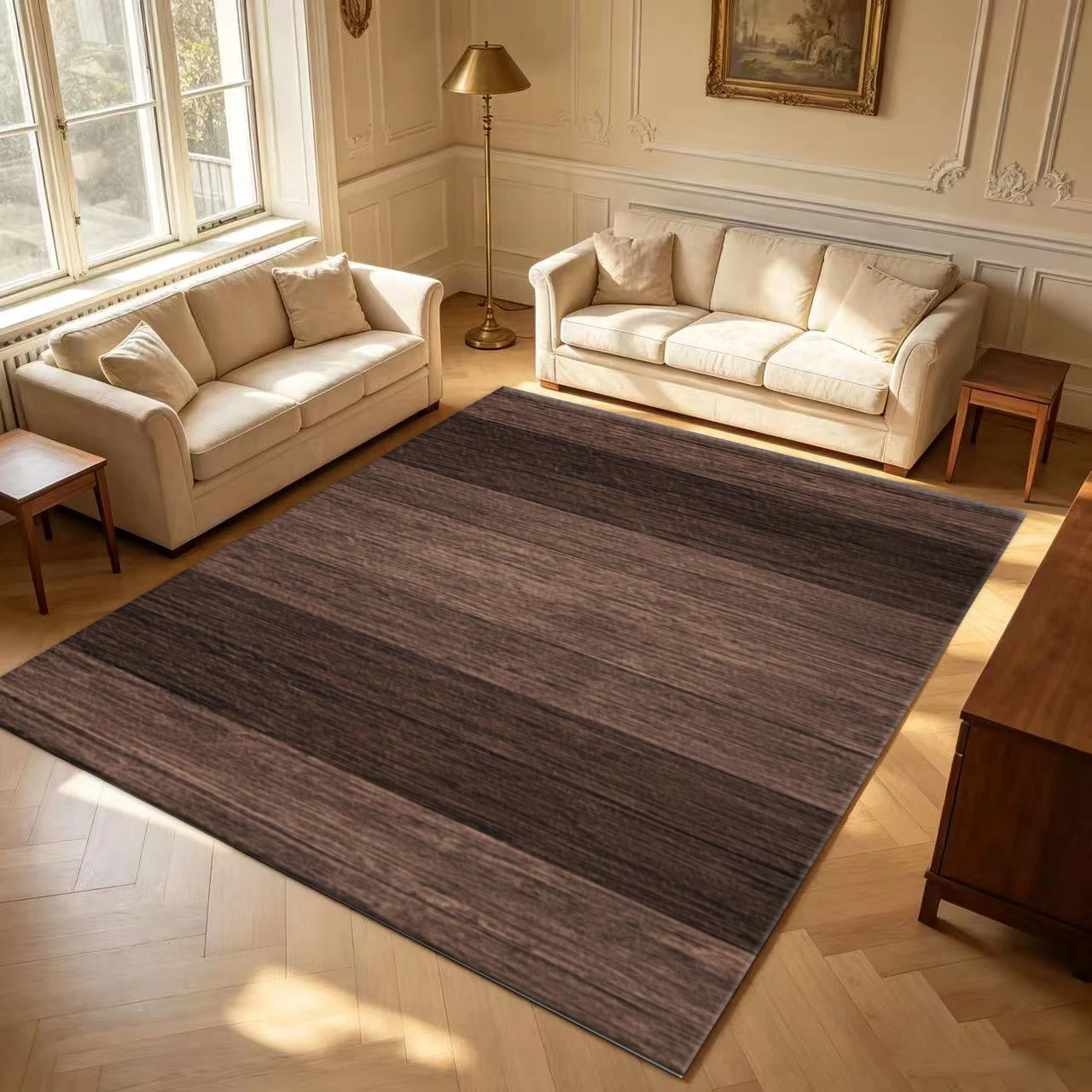 Dark Brown Wood Grain Carpet, Realistic Wood Texture, Non-Slip Carpet, Suitable for Living Room, Bedroom, and Home Interior Decoration