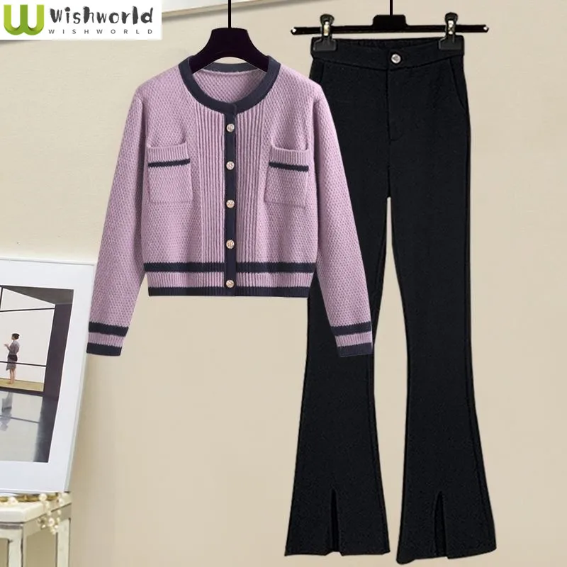 

Stripe Panel Pocket Decoration V-neck Knitted Sweater Cardigan Jacket Casual Pants Two-piece Elegant Women's Pants Set Outfit