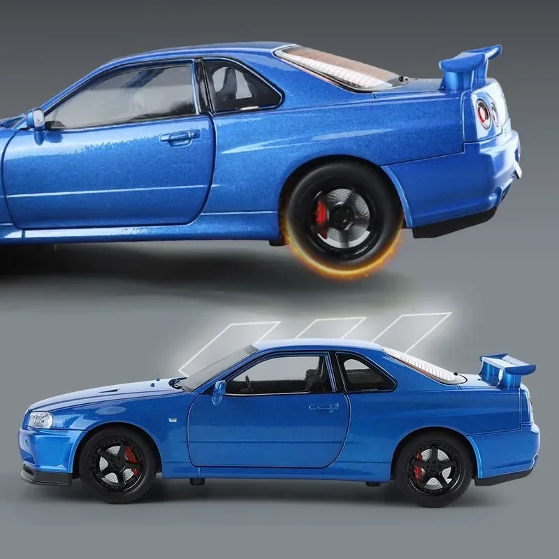 Nissan Skyline GTR-R34 Alloy Vehicle Model, Escala 1:24, Diecast Metal, Velozes e Furiosos Collectible, Presentes de brinquedo de aniversário infantil