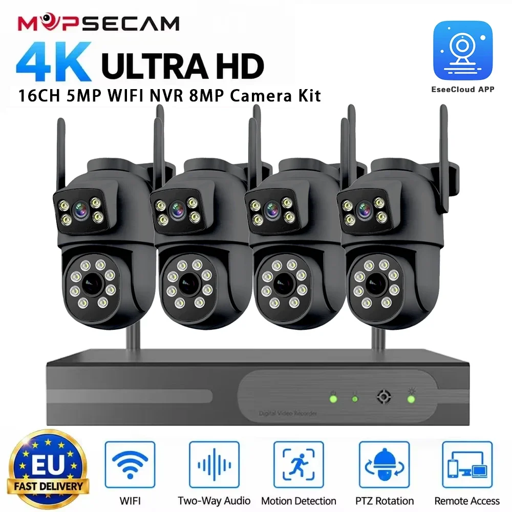 Sistema di telecamere CCTV wireless da 8 MP, NVR a 16 canali con telecamere PTZ WiFi a doppia lente, comunicazione bidirezionale, rilevamento intelligente del movimento, visione notturna a colori,