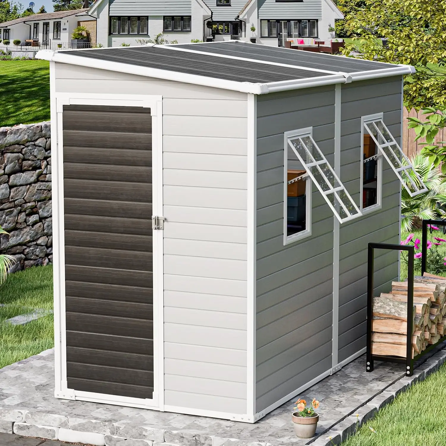 4x8 FT Resin Outdoor Storage Shed with Floor & Adjustable Windows, Plastic Tool Shed for Backyard Garden Patio, Customized