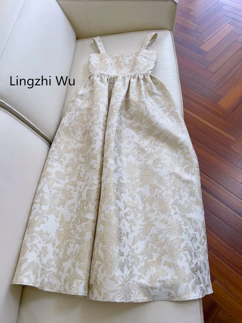 Lingzhi Wu French Luxury Dress Top Quality White Gold Butterfly Jacquard Dresses Elegant Ladies Holiday Vestidos Sleeveless