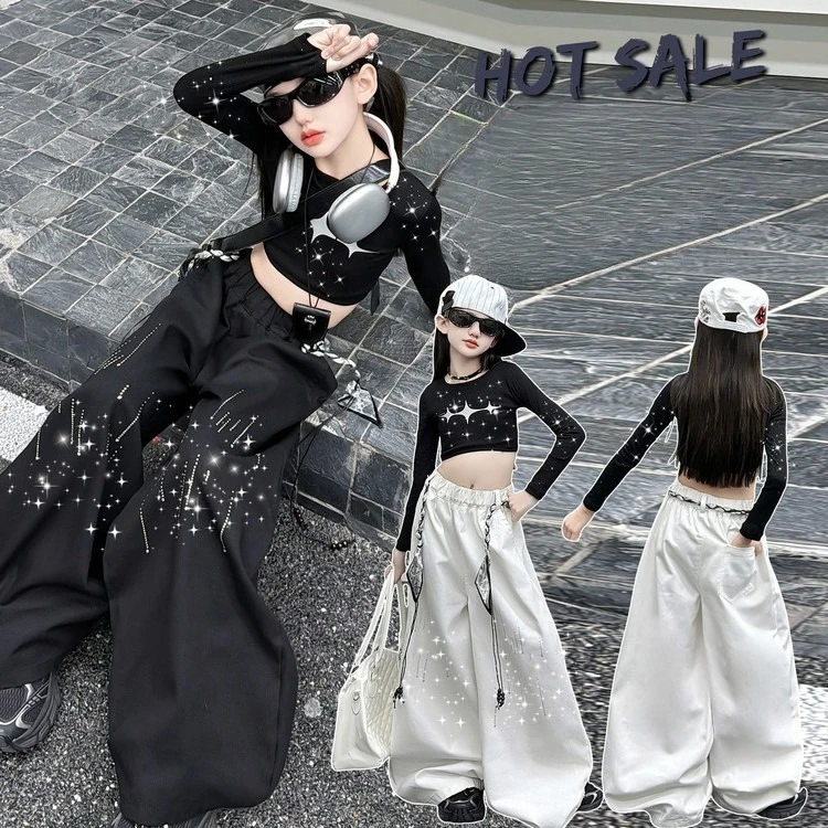 spring cotton teen girl shining wide-leg pants short tops tee Hot stamping trousers junior kid Hip hop jazz street dance outfits