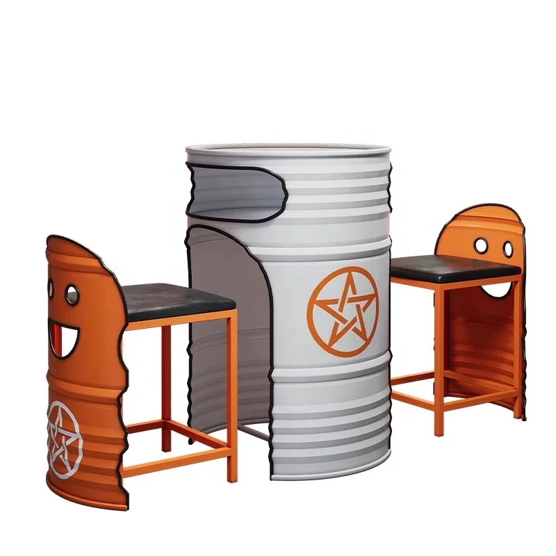 

Modern Industrial Barrel Table Restaurant Furniture LOGO Space-Saving Bar Barrel Table and Chair Set for Home Bar or Cafe