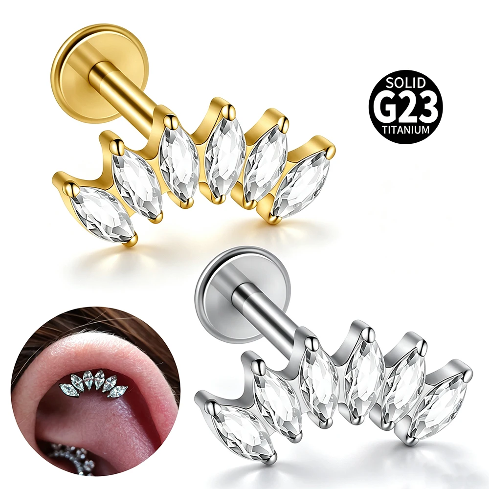 1PC  G23 Titanium CZ Labret Lip Ring Internal Thread Marquise Zircon Tragus Helix Conch Flat Earrings Body Piercing Jewelry 16G