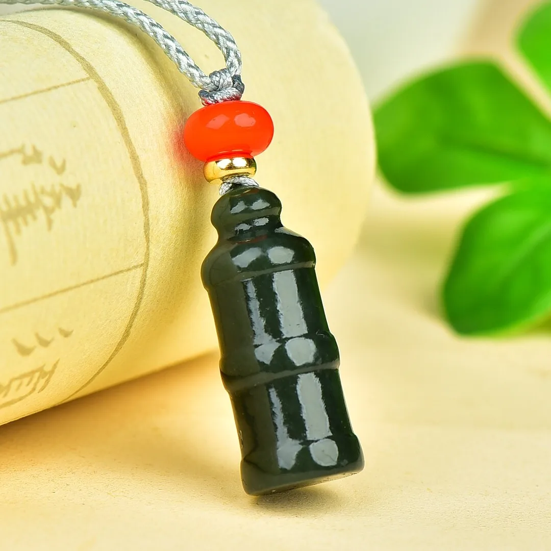 Natural Green Jade Bamboo Pendant With Rope Chain Hetian Jades Lucky Charms Amulets Necklace Men Women Fine Jewelry Accessories