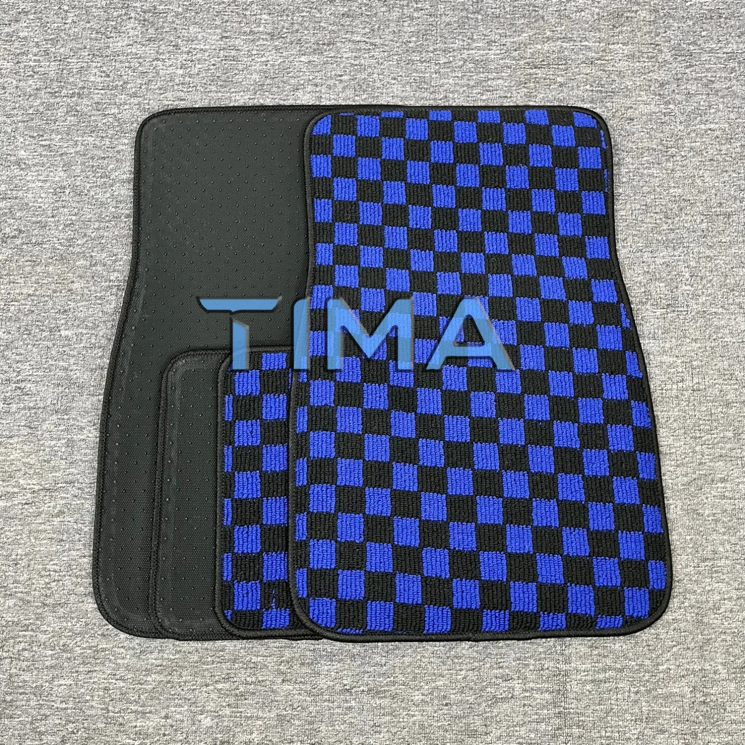 Front & Rear Universal 4PCS Blue Checkered Car Floor Mats, JDM Car Accessories, Racing flag floor mats Anime Car Mats