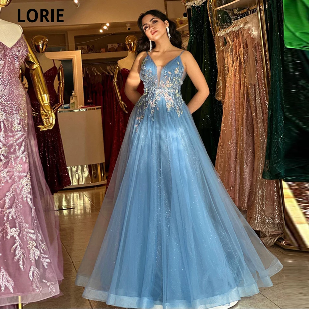 

LORIE Tulle Evening Dresses Vestidos Para Mujer Gala 3D Flowers Spaghetti Straps V-neck A-line Party Dresses Robes De Soirée