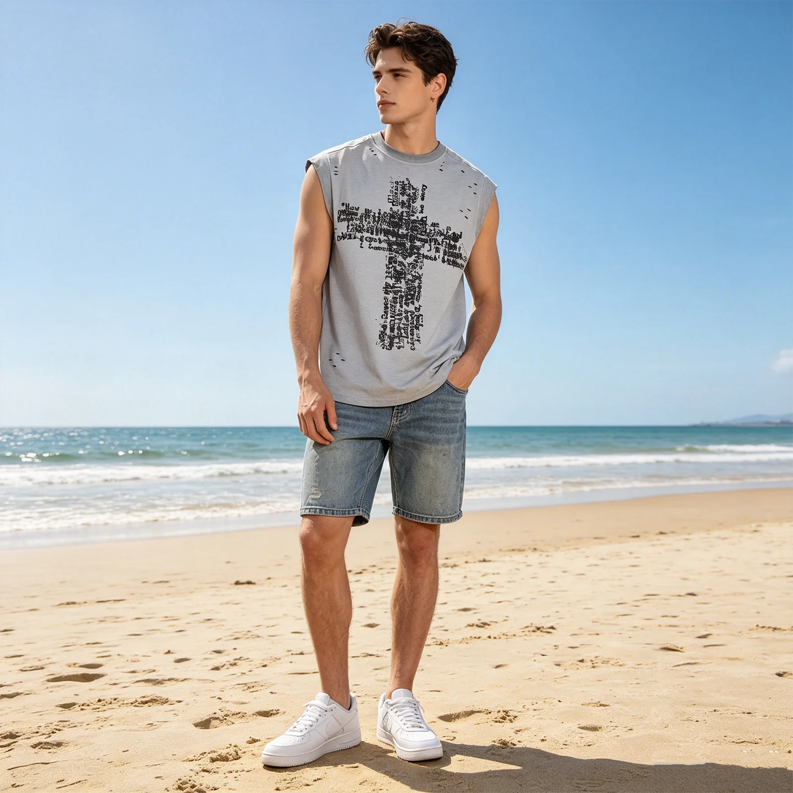 2026 Summer Ripped Tank Top Man Washed Streetwear Y2k Sleeveless T Shirt Tees Cross Printed Cotton Baggy Clothes Tops Distressed