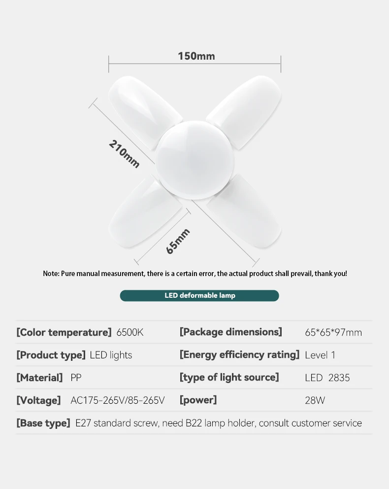 E27 18W 38W 55W LED Light Bulb 85V-265V Foldable Fan Blade Angle Adjustable, Suitable For Home Garage And Factory Lighting