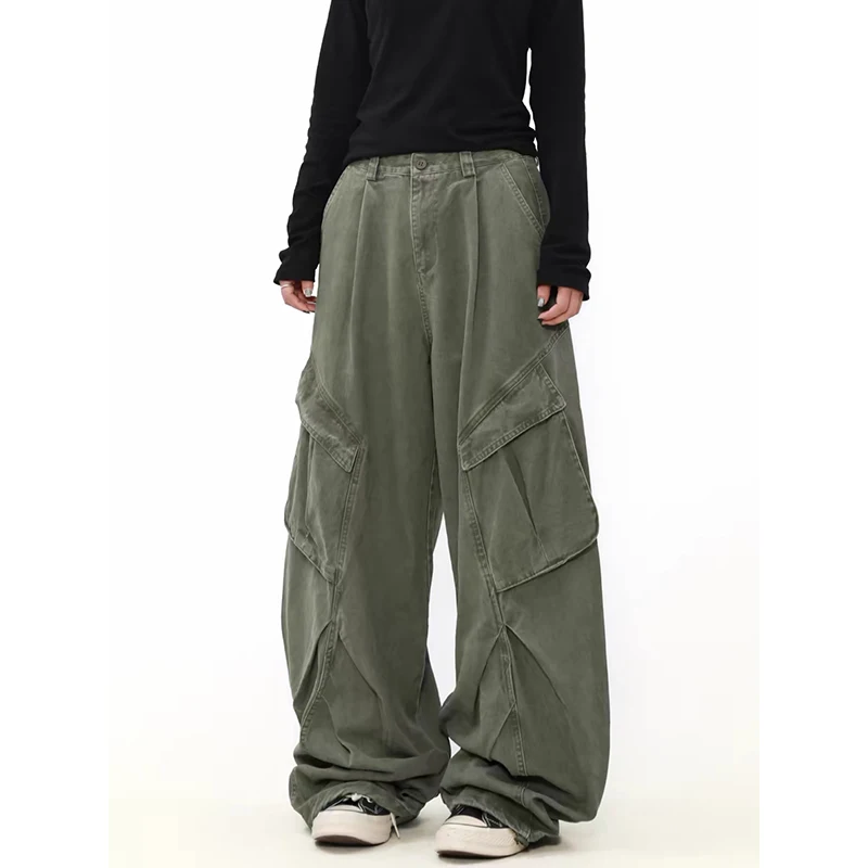 YIBASHU Women's Green Y2k Cargo Jeans Baggy Harajuku Aesthetic Denim Trousers Vintage Jean Pants Japanese 2000s Style Clothes