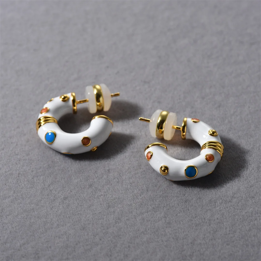 Summer new white enamel drop glaze C-shaped natural stone earrings for women