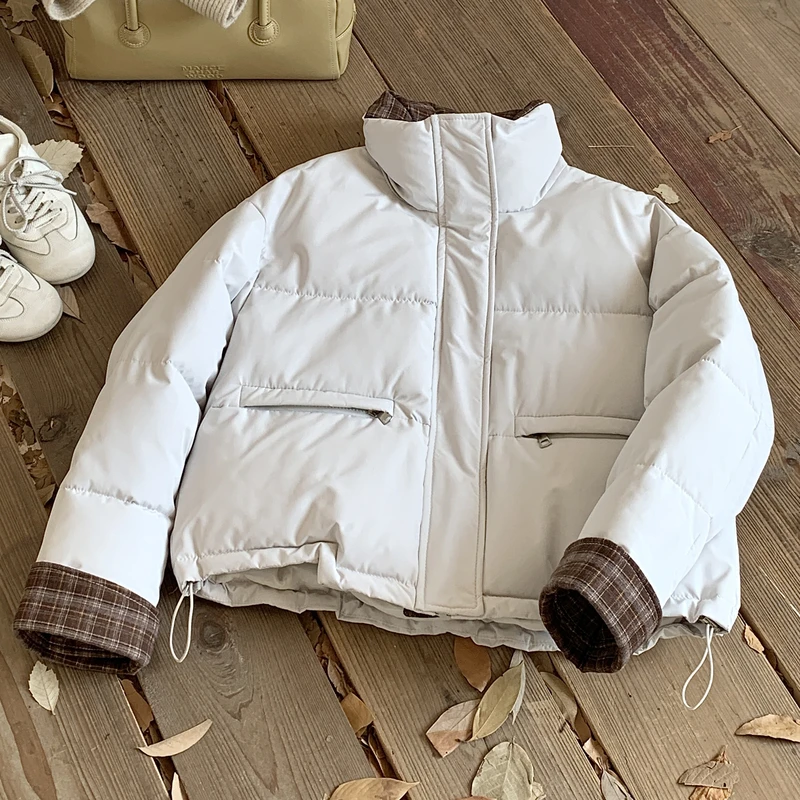 Women Short Jacket Winter Plaid Patchwork Stand Collar Cotton Coat Loose Oversized Warm Parka Casual Thick Cotton Padded Outwear
