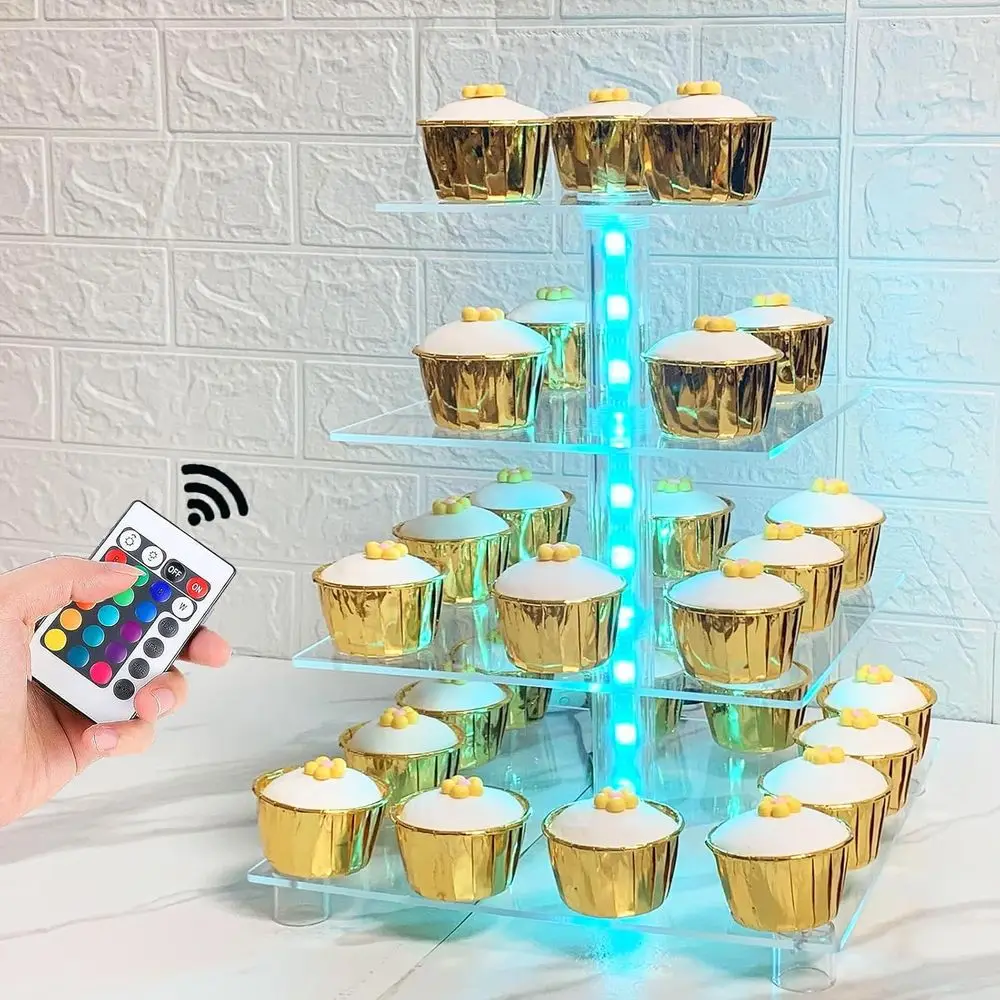 

4-Tier Acrylic Cupcake Tower with Remote LED Lights, Color Changing, Ideal for Parties and Events