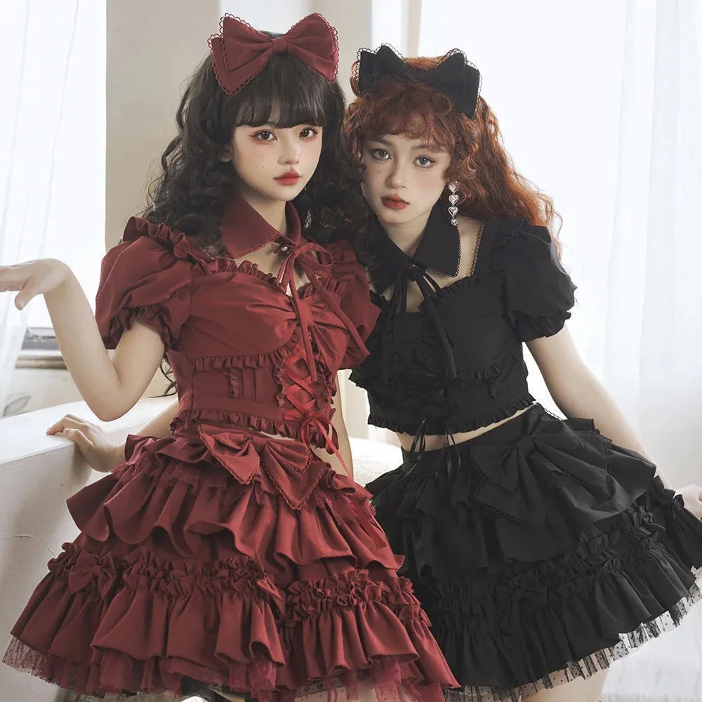 New Split Style Lolita Spicy Girls Short Sleeve Top Sk Half Skirt Set Red Black Dresses Kawaii Party Dress