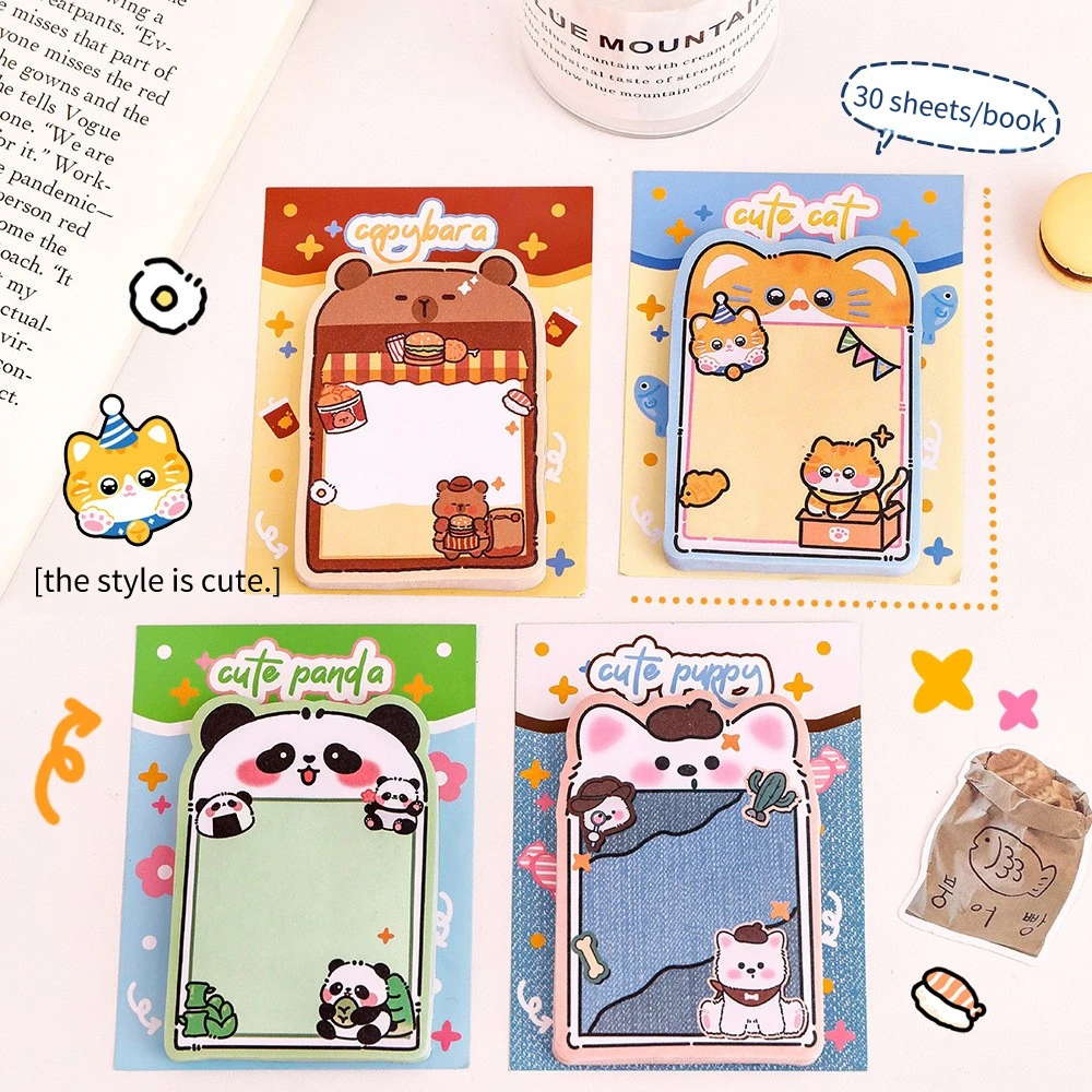 4Pcs/Lot Cute Animal Sticky Notes Panda Capybara Cat Dog Self-Adhesive Memo Pads Kawaii Cartoon Stationery Kids School Office