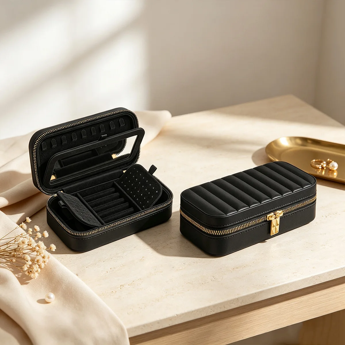 PU Leather Mini Jewelry Box with Mirror & Double Drawstring Chains, Multi-functional Storage for Rings Earrings Necklaces Studs