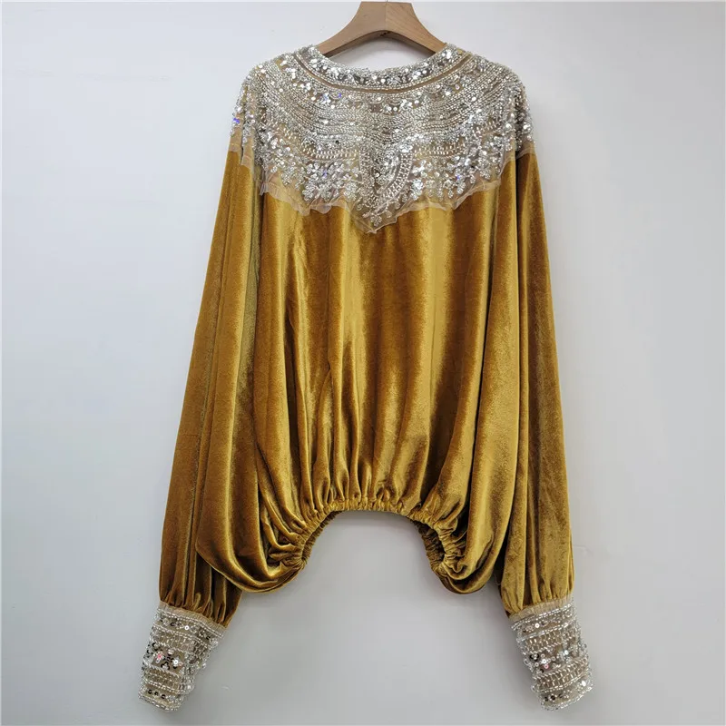 Autumn New High-end Temperament Heavy Industry Sequined Crew Neck Velvet Shirt Women Chic Versatile Solid Color Top 2025 New