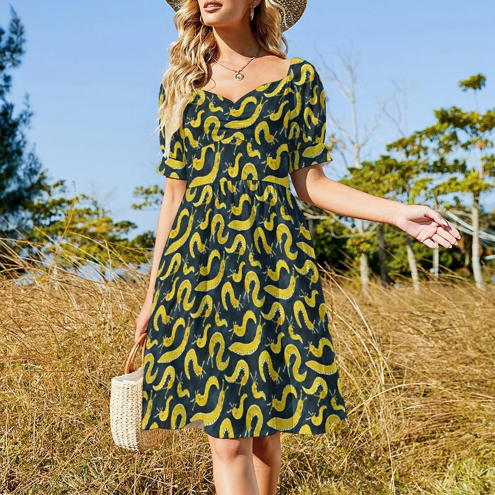 SLUG PARTY Banana Slug Print Short Sleeved Dress summer dress elegant women's dresses sale Dress