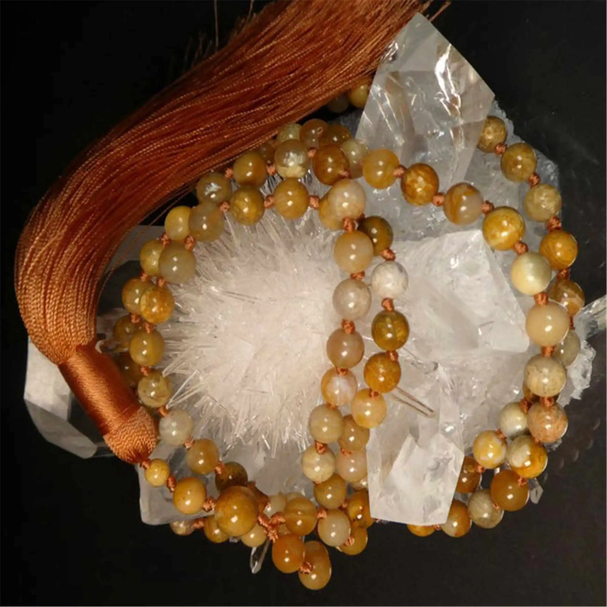 6mm Natural Fossil Coral 108 Beads Tassel Mala bracelet Opera length Rustic Crystal HipsterMeditation Chakra Lariat Yoga