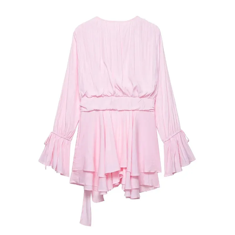 우아한 3D 꽃 프릴 미니 드레스 여성 플레어 긴 소매 레이스 업 핑크 a 라인 스커트 여름 패션 숙녀 드레스