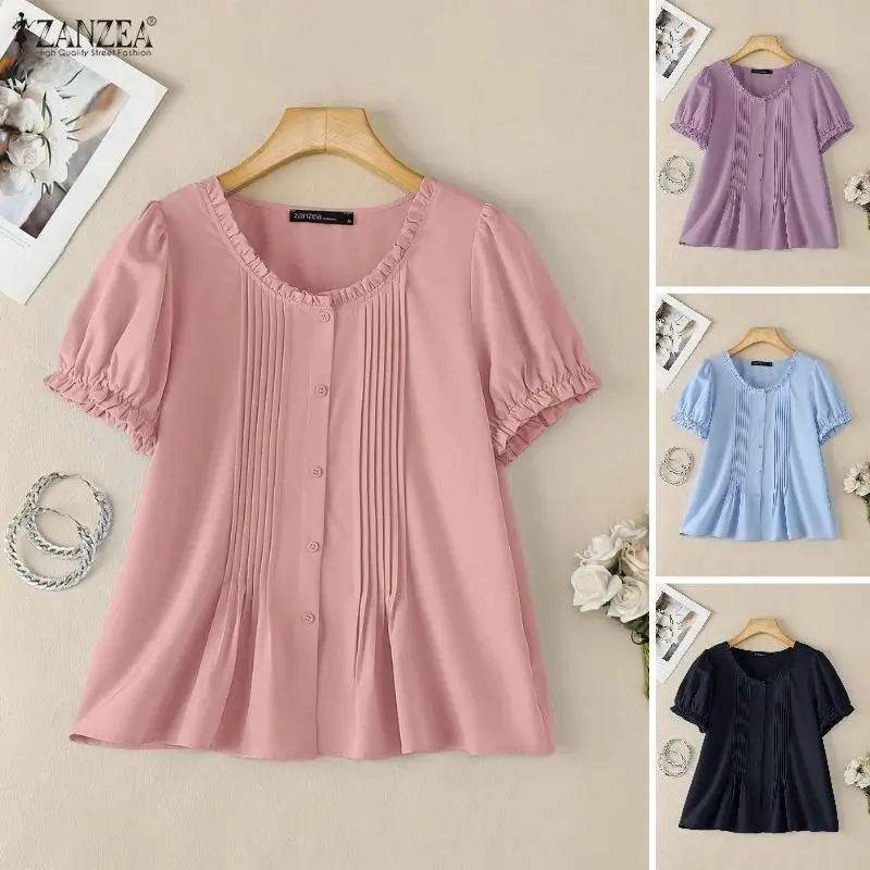 

Summer Elegant Shirt 2026 ZANZEA Women Tops Short Puff Sleeve Work Blouse Stylish Solid Color Pleated Tunic Casual Holiday Mujer