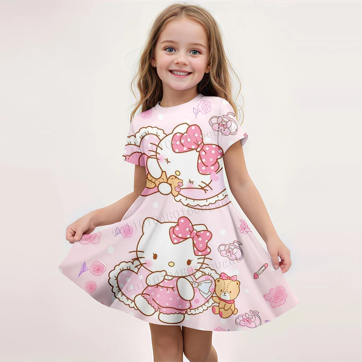 

Повседневное платье Hello Kitty для девочек, летнее длинное платье с короткими рукавами и принтом, повседневное удобное длинное платье с мультяшным узором