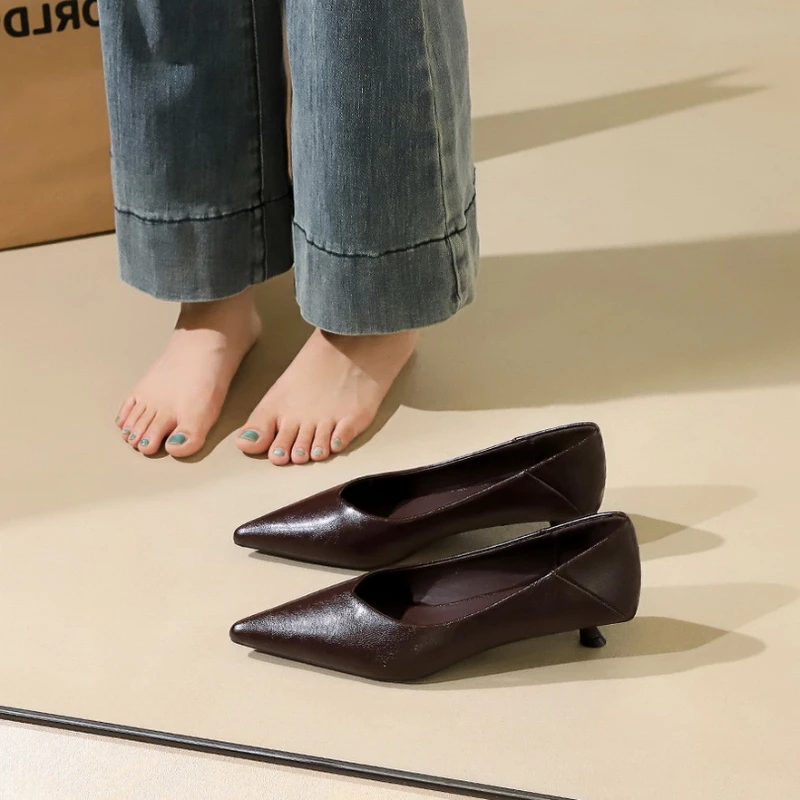 Leather Pointed Toe Kitten Heel Pumps Minimalist Design Comfortable Low Heel Office Work Party Dress Shoes Elegant Footwear image 5