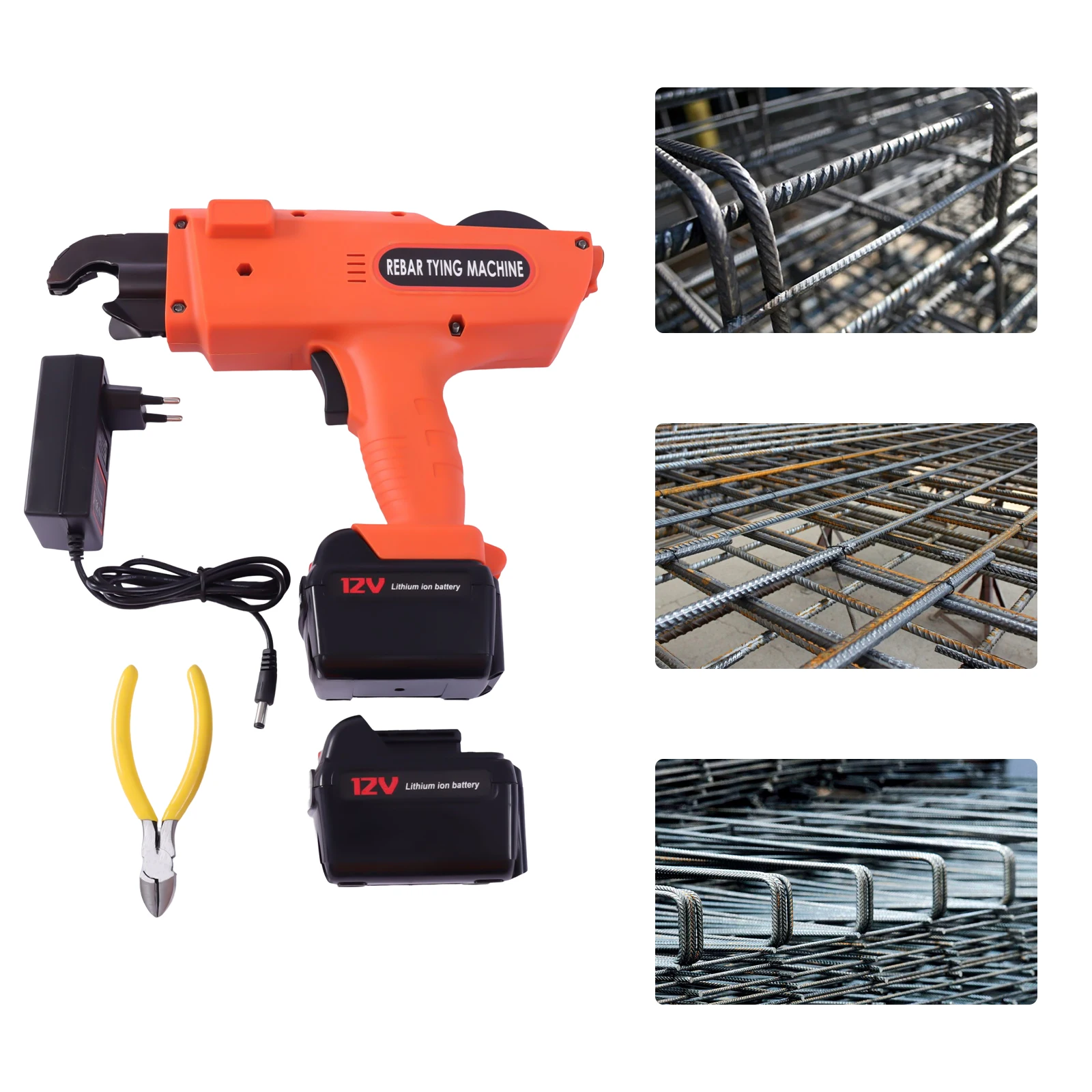 Elektrische Baubindemaschine, tragbares, automatisches, handgeführtes Werkzeug zum Binden von Bewehrungsstahl, geeignet für 6–25 mm, orange, für den Einsatz auf Baustellen, in Eisenbahnbetrieben, im Bergbau, auf Bauernhöfen, für Gartenzäune und unterbodenverlegte Rohrleitungen. – Detail 4