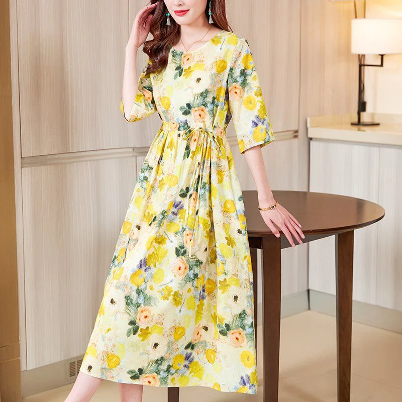 Elegant O-คอพิมพ์SplicedหลวมShirringผ้าพันคอBow Midiชุดเสื้อผ้าผู้หญิง 2025 ฤดูร้อนใหม่Office Ladyชุดดอกไม้