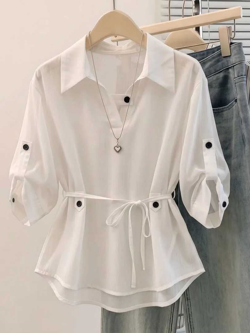 Slim Fit Short Sleeve Shirt Women's Design Sense Shoulder Thin Style Summer plus Size Belly Covering Top Breathable Polyester