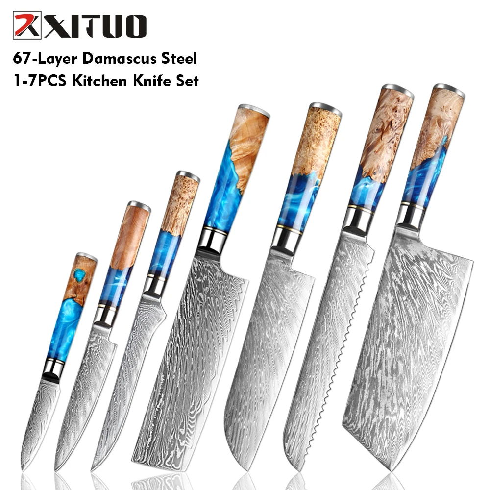 

Japanese Kitchen Knives Set 1-7PCS,Damascus Steel Sharp Santoku,Cleaver,Paring,Bread ,Boning,Cooking Knife,Blue Resin Handle