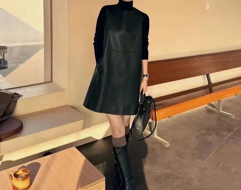 2024 Spring and Autumn Fashion New Genuine Leather Clothes Semi-Vegetable Tanned Straight Sheepskin Dress E41