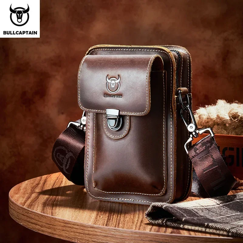 Saco de cintura de couro Crazy Horse masculino, bolsa de telefone masculina, bolsa de cintura masculina, mochila pequena no peito