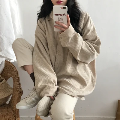 Frauen Herbst Langarm Beige Cord Hemd Mantel Übergroßen Tops Langarm Blusen Einreiher
