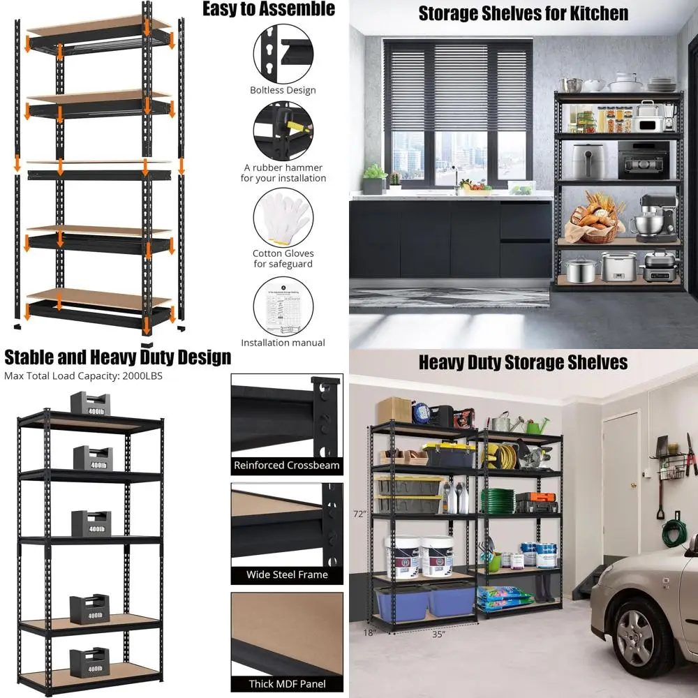 

Industrial-Grade Adjustable 72 High Garage Shelving, 35.4 Wide x 18 Deep, Heavy-Duty Metal Storage Racks for Organization