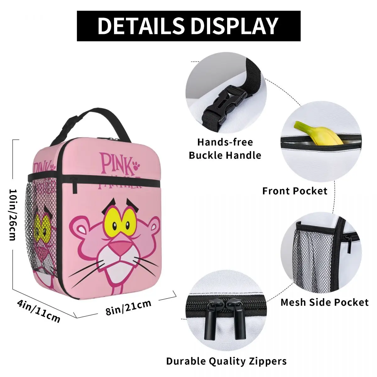 Pink Panther Insulated Lunch Bag Portable Meal Container Thermal Bag Tote Lunch Box Work Outdoor Girl Boy