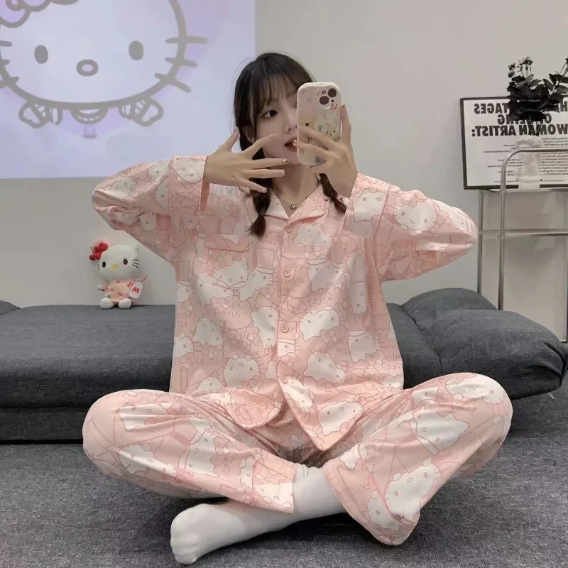 New Sanrio Cartoon Anime Hello Kitty Kawaii Pink Pajamas Set for Girls Spring Autumn Winter Long Sleeve Casual Home Pajamas 2PC