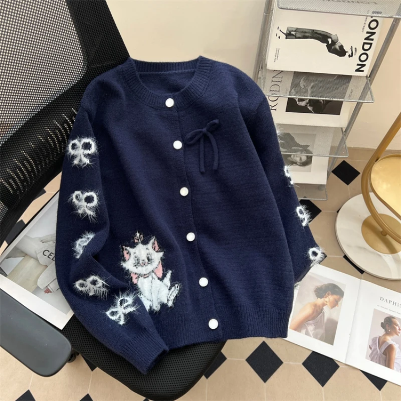 Bomon Casual Embroidery Cartoon kitten bow loose knit cardigan Autumn/winter new slouchy thickened sweater coat for women