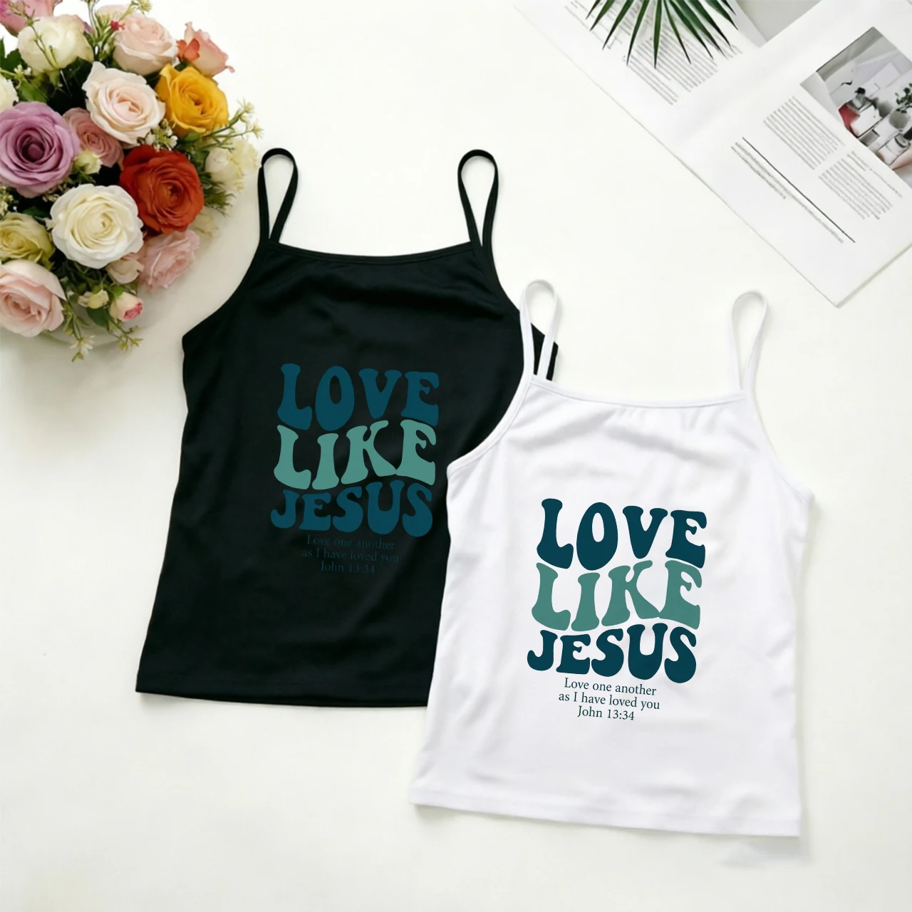 Womens Summer Spaghetti Strap Cami Top Casual Slender Tank Blouse with Retro Love Like Jesus Christian Bible Verse Graphic