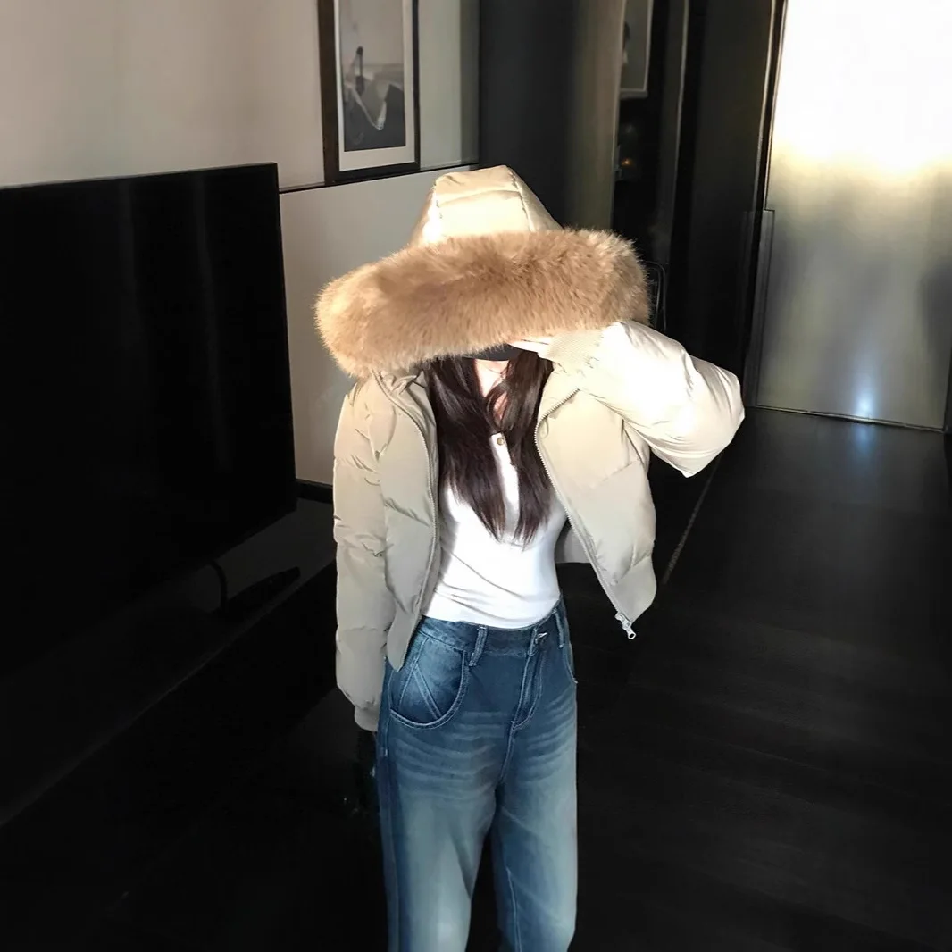 

2025 Winter Cotton Jacket Down Cotton Jacket Women's New Korean Large Haired Collar Short Cotton Jacket
