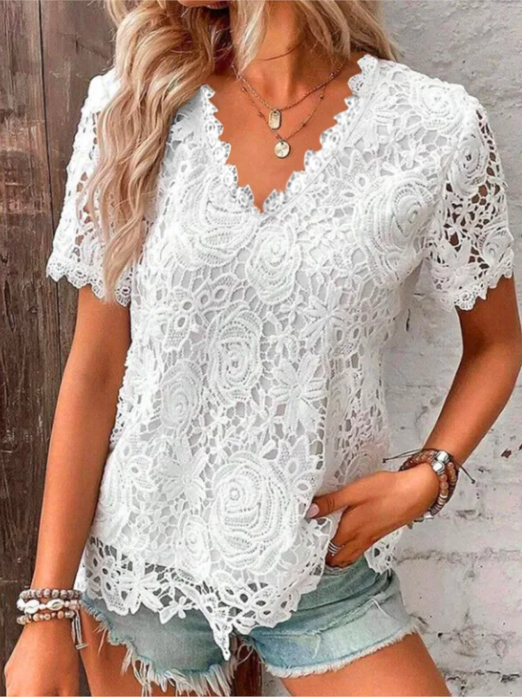 Lace Hook Flower Hollow T Shirt For Women Fashion Solid Short Sleeve V Neck Pullover Tshirts Tops Lady Holiday Women's Clothing
