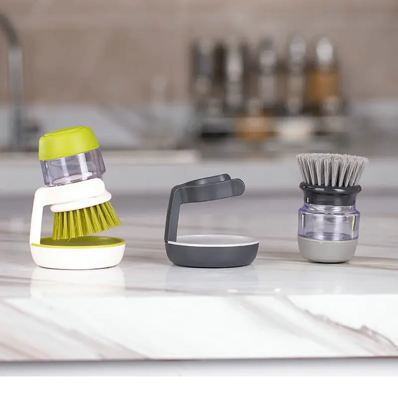 Dish Brush With Soap Dispenser Palm Brush Dish washing Kitchen Scrub Brushes With Holder Drip Tray